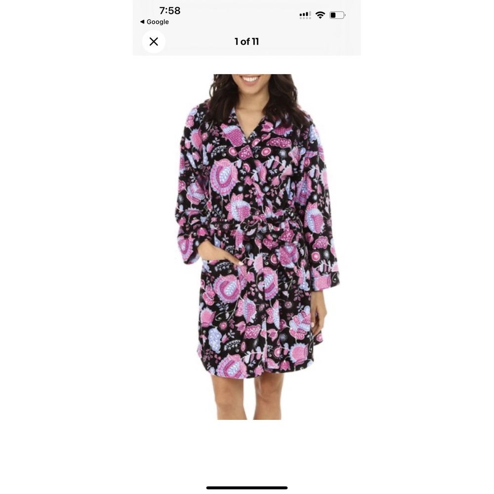 Floral Fleece Robe‎ Purple Pink Black Cozy Spa Bathrobe Loungewear Vera Bradley